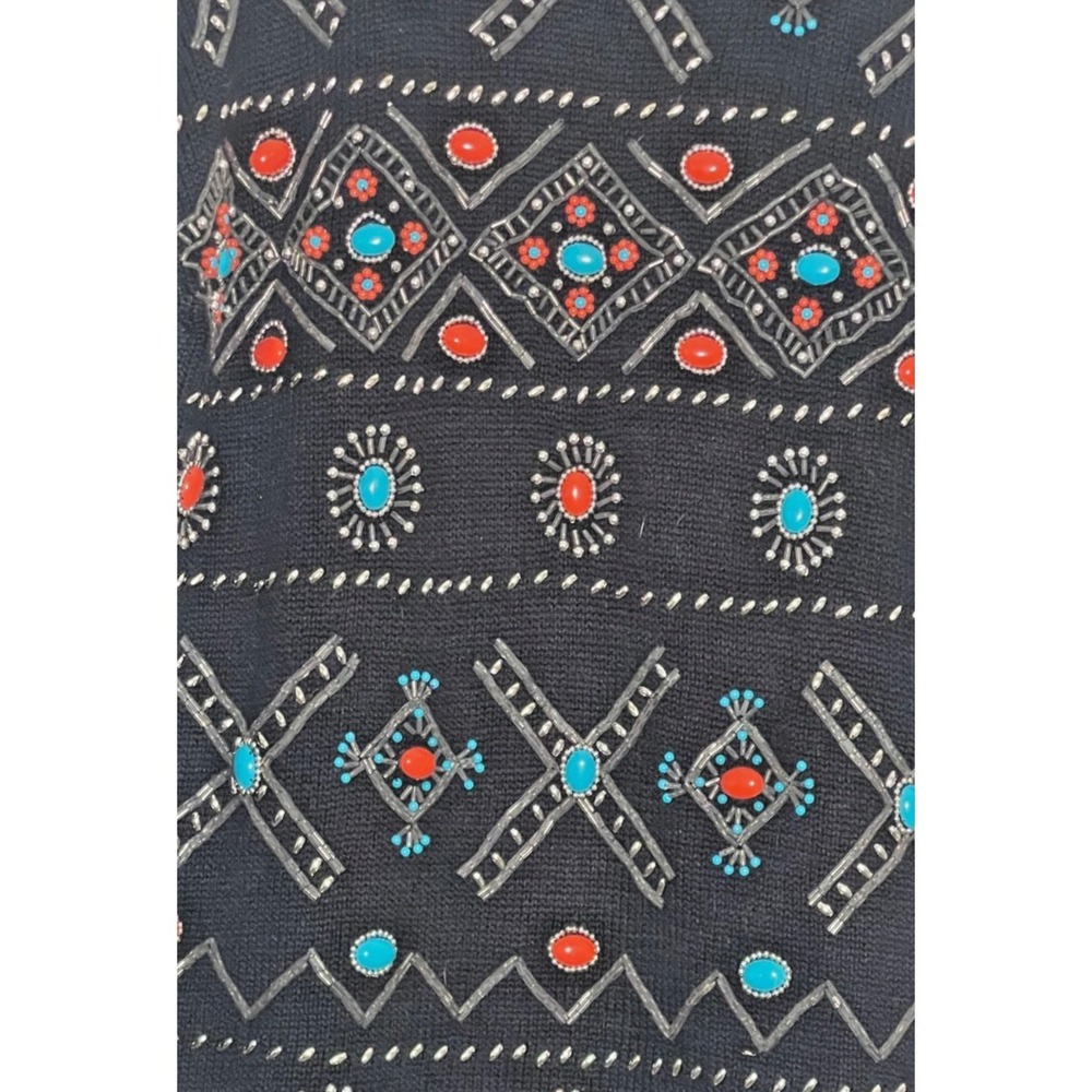 VTG Victoria Jones Sweater Women's Sm Petite Black Beaded Embellished Southwest - Picture 2 of 4
